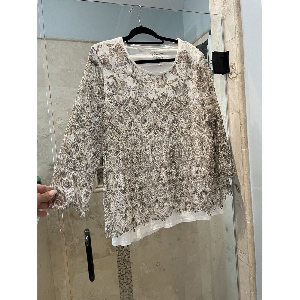 Chico's Size 3 Lace Floral Long Sleeve Women's Top Shirt Nude Ivory Tan